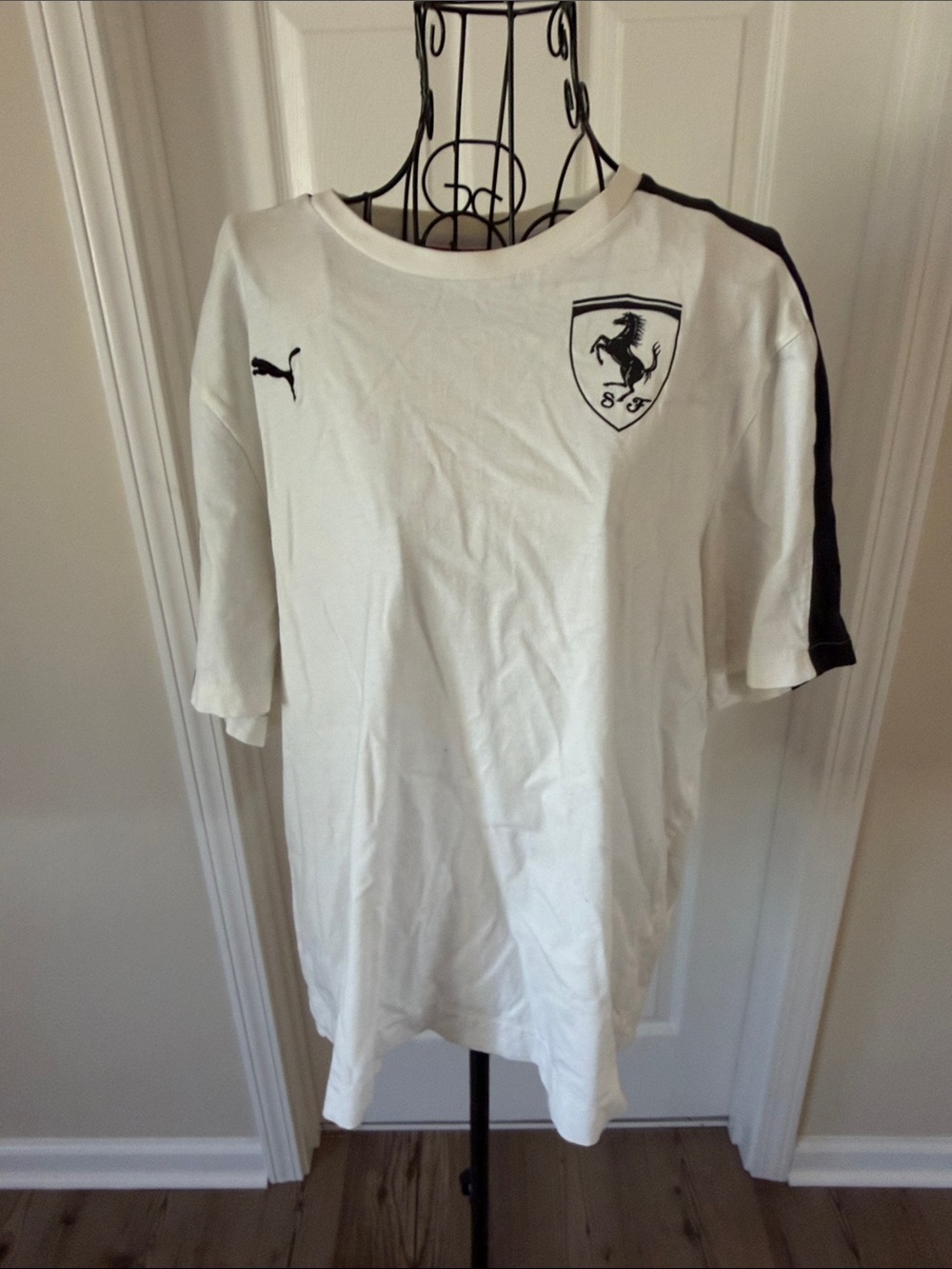 Ferrari/ Puma White Short Sleeve Tee with Black Logo and Shoulder Stripe